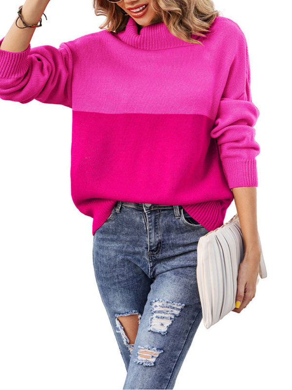 Women's new trendy contrasting color turtleneck pullover sweater-chiquechics
