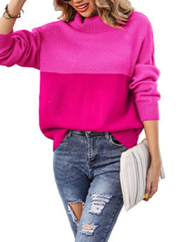 Women's new trendy contrasting color turtleneck pullover sweater-chiquechics