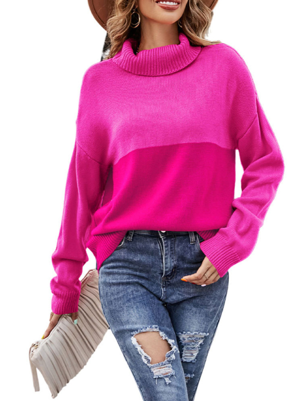 Women's new trendy contrasting color turtleneck pullover sweater-chiquechics