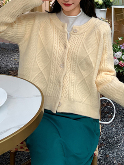 New retro gentle solid color round neck twist knitted cardigan loose short sweater jacket-chiquechics