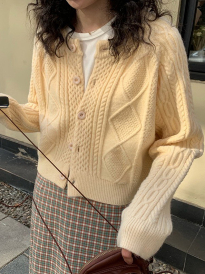 New retro gentle solid color round neck twist knitted cardigan loose short sweater jacket-chiquechics