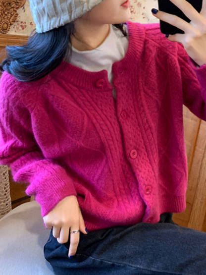 New retro gentle solid color round neck twist knitted cardigan loose short sweater jacket-chiquechics