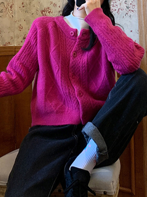 New retro gentle solid color round neck twist knitted cardigan loose short sweater jacket-chiquechics