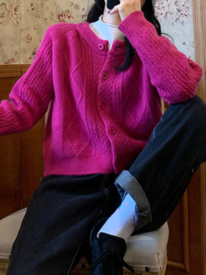 New retro gentle solid color round neck twist knitted cardigan loose short sweater jacket-chiquechics