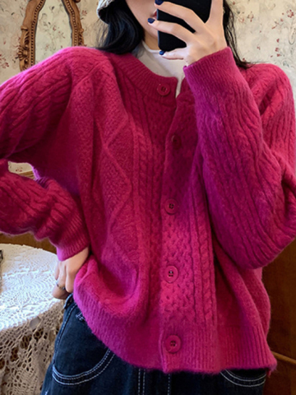 New retro gentle solid color round neck twist knitted cardigan loose short sweater jacket-chiquechics