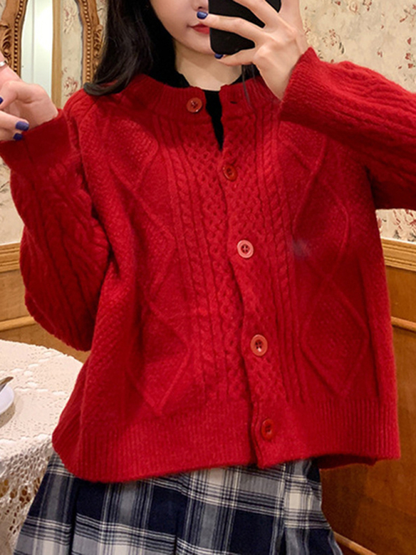 New retro gentle solid color round neck twist knitted cardigan loose short sweater jacket-chiquechics