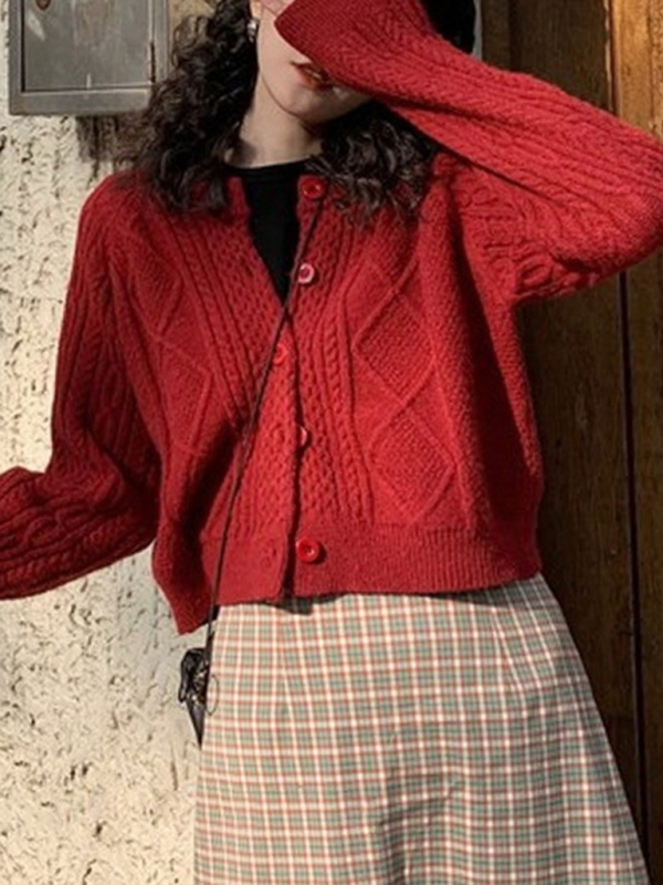 New retro gentle solid color round neck twist knitted cardigan loose short sweater jacket-chiquechics