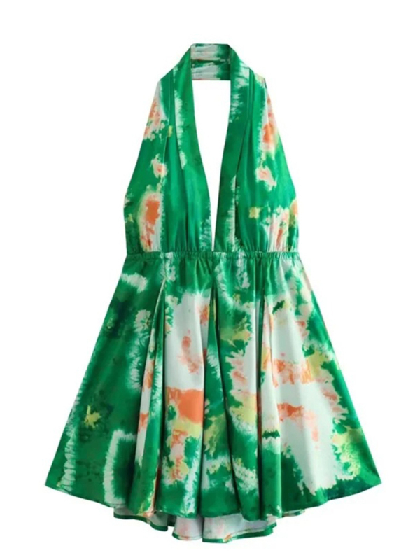 New fashionable V-neck suspender sexy printed halter neck short dress-chiquechics