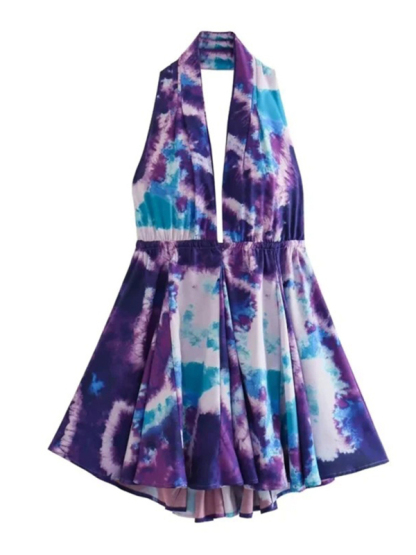 New fashionable V-neck suspender sexy printed halter neck short dress-chiquechics