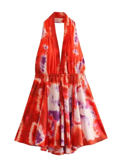 New fashionable V-neck suspender sexy printed halter neck short dress-chiquechics