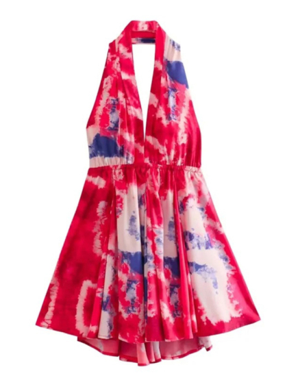 New fashionable V-neck suspender sexy printed halter neck short dress-chiquechics