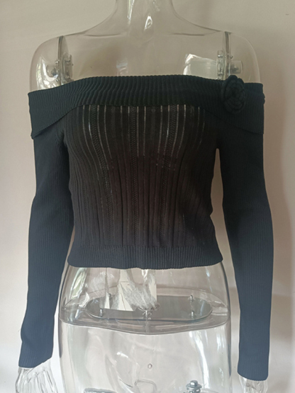 Sexy one-shoulder three-dimensional floral long-sleeved knitted top-chiquechics