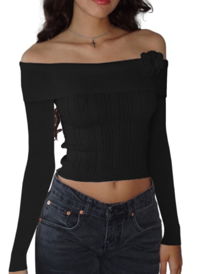 Sexy one-shoulder three-dimensional floral long-sleeved knitted top-chiquechics