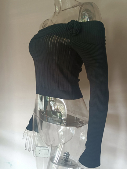 Sexy one-shoulder three-dimensional floral long-sleeved knitted top-chiquechics
