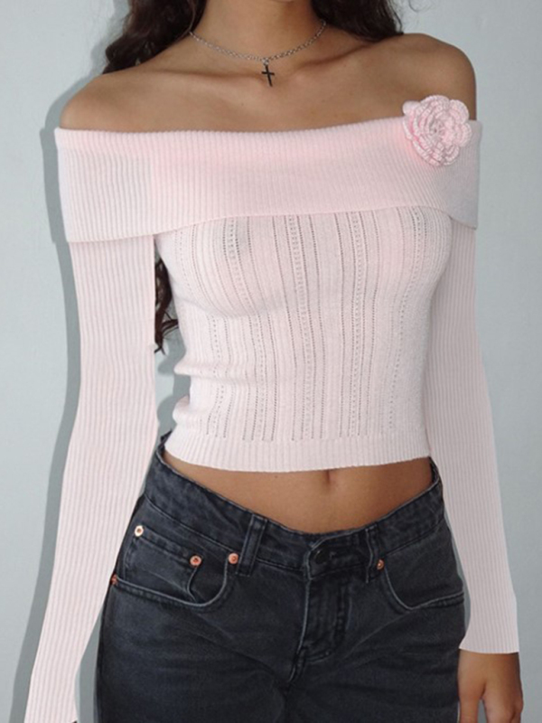 Sexy one-shoulder three-dimensional floral long-sleeved knitted top-chiquechics