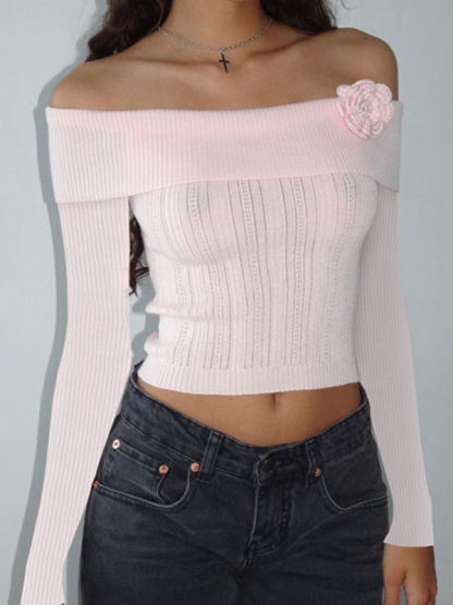 Sexy one-shoulder three-dimensional floral long-sleeved knitted top-chiquechics