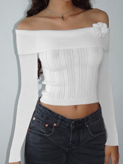 Sexy one-shoulder three-dimensional floral long-sleeved knitted top-chiquechics