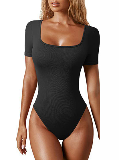 women's sexy square collar short sleeves  bodysuit-chiquechics