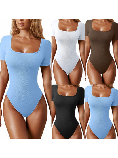 women's sexy square collar short sleeves  bodysuit-chiquechics