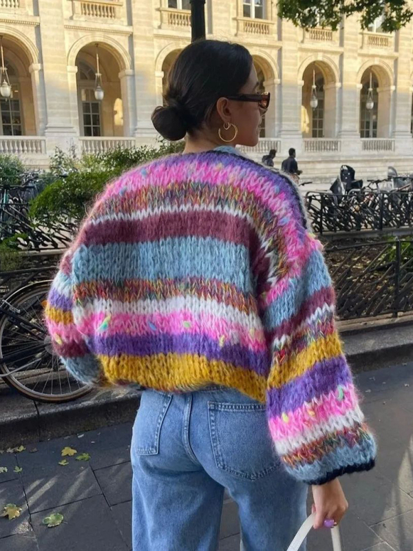 Striped long-sleeved rainbow plaid heavy handmade versatile cardigan sweater-chiquechics