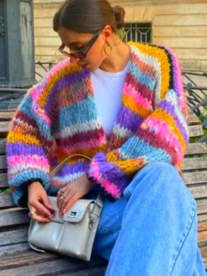 Striped long-sleeved rainbow plaid heavy handmade versatile cardigan sweater-chiquechics