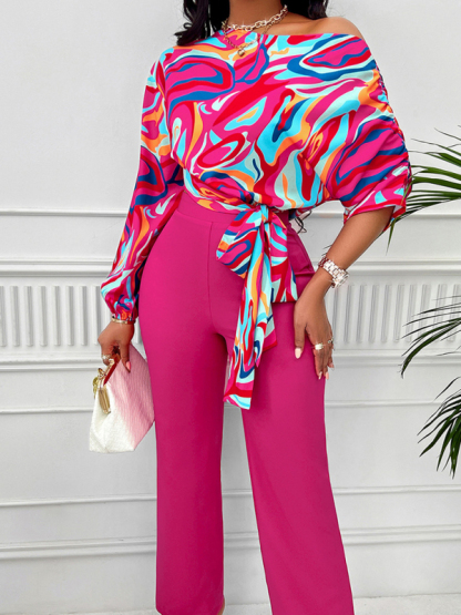Sexy slanted shoulder shirt and pants suit for women-chiquechics