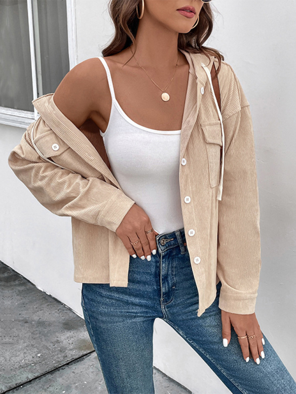 Drawstring corduroy hooded retro jacket-chiquechics