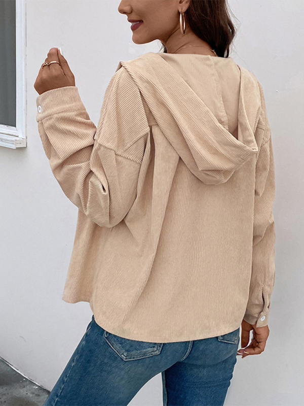 Drawstring corduroy hooded retro jacket-chiquechics