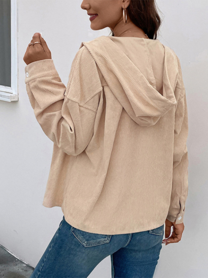 Drawstring corduroy hooded retro jacket-chiquechics