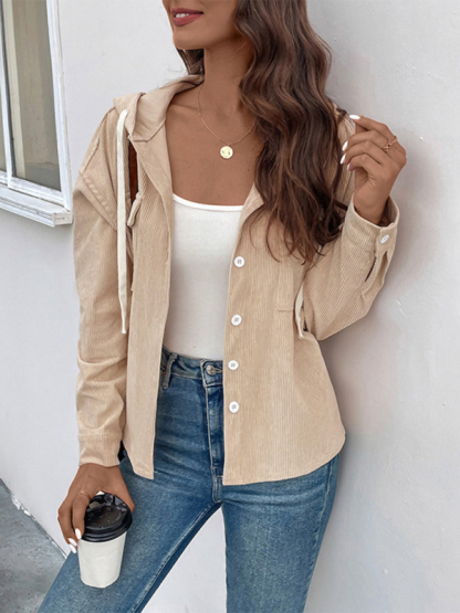 Drawstring corduroy hooded retro jacket-chiquechics