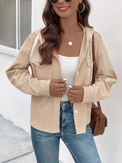 Drawstring corduroy hooded retro jacket-chiquechics
