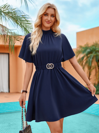 Solid color half turtleneck short-sleeved casual dress with belt-chiquechics