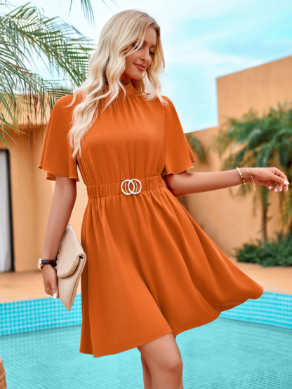 Solid color half turtleneck short-sleeved casual dress with belt-chiquechics