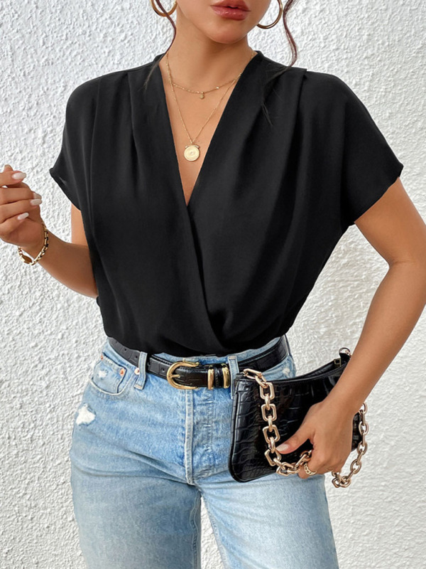 Women's V-neck pleated dropped shoulder elegant bodysuit-chiquechics