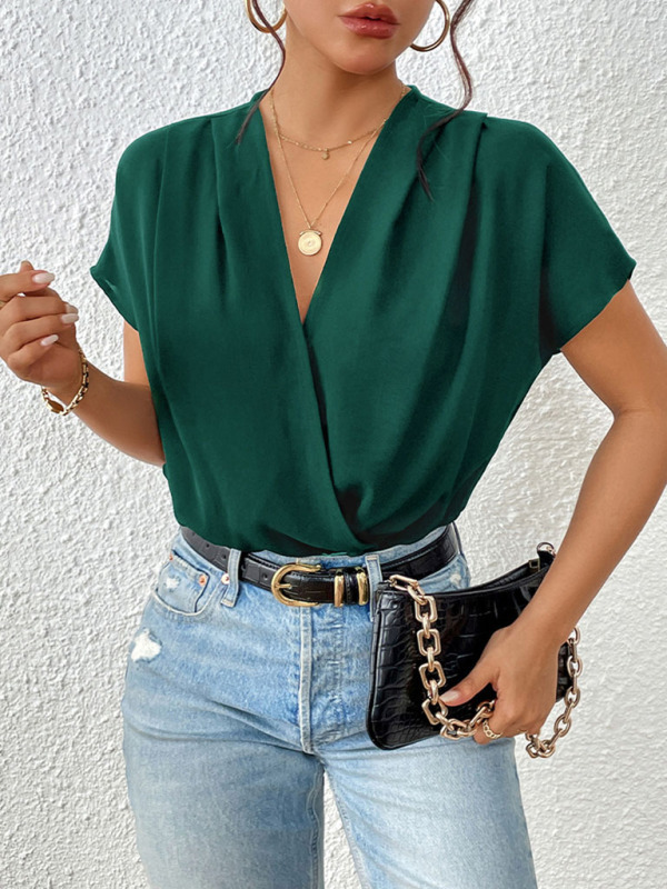 Women's V-neck pleated dropped shoulder elegant bodysuit-chiquechics