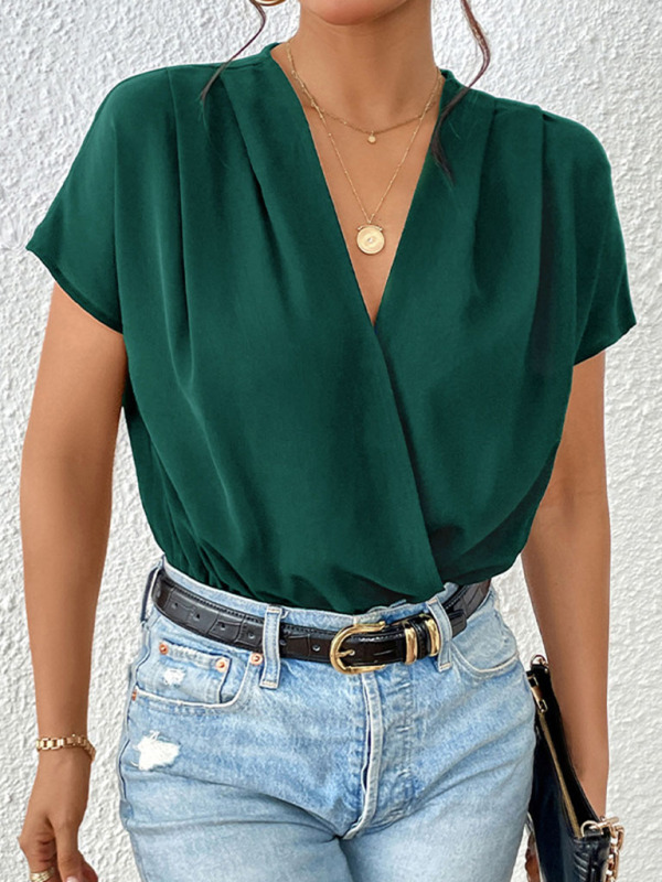 Women's V-neck pleated dropped shoulder elegant bodysuit-chiquechics