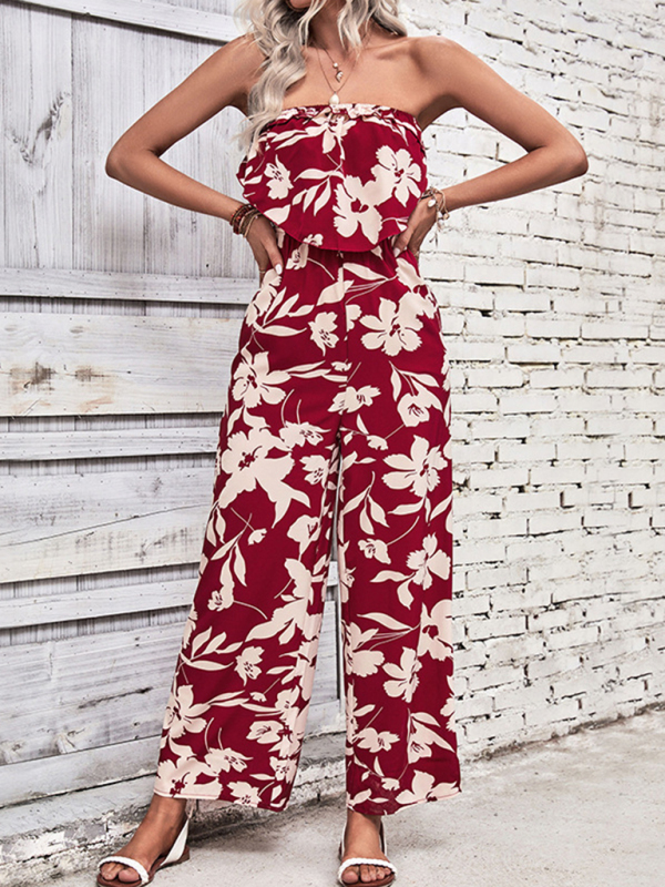Women's new tube top printed tight red jumpsuit-chiquechics