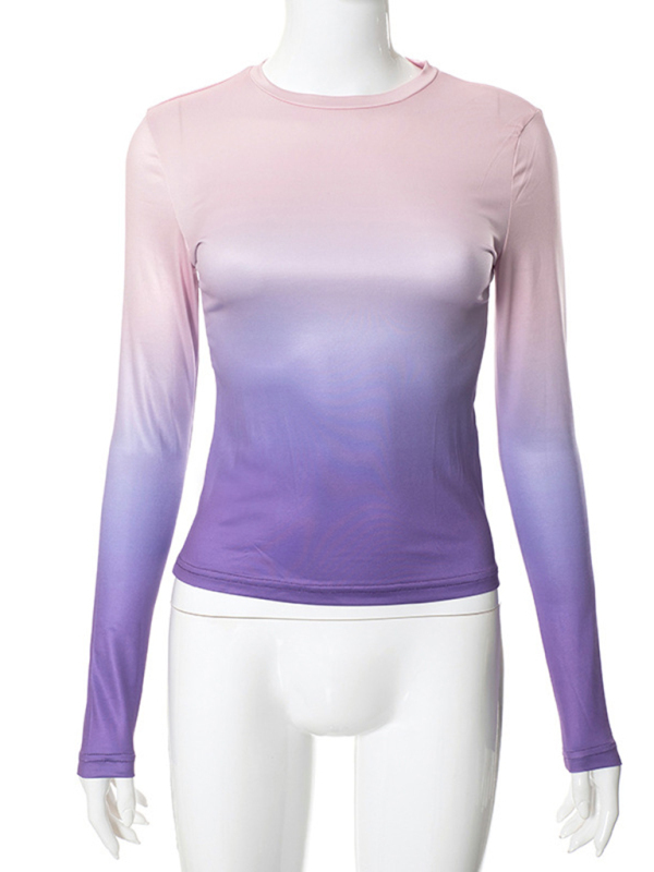 Digital printed gradient round neck long sleeve basic top-chiquechics