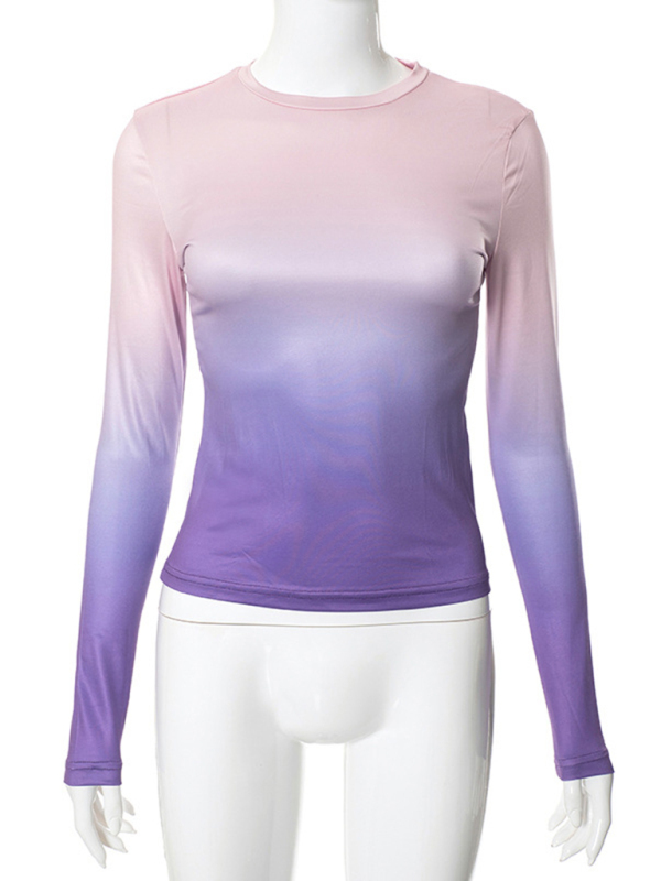 Digital printed gradient round neck long sleeve basic top-chiquechics