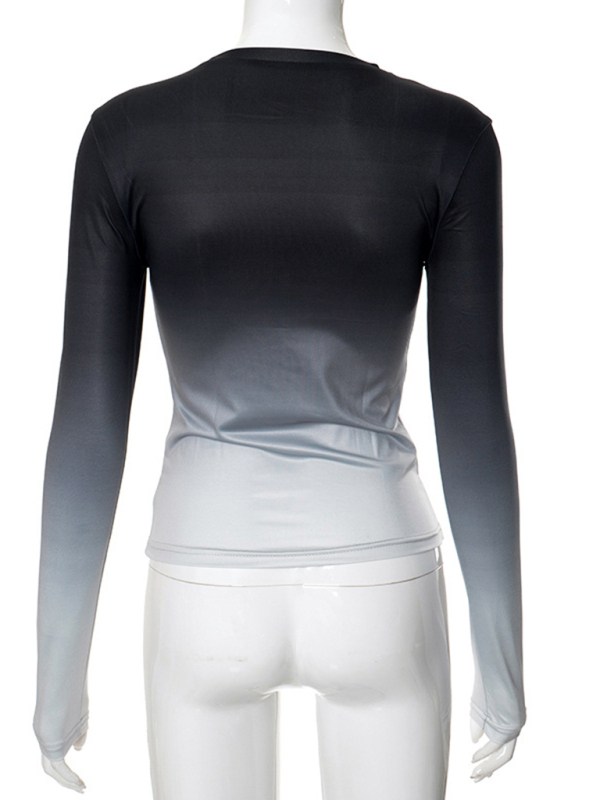 Digital printed gradient round neck long sleeve basic top-chiquechics