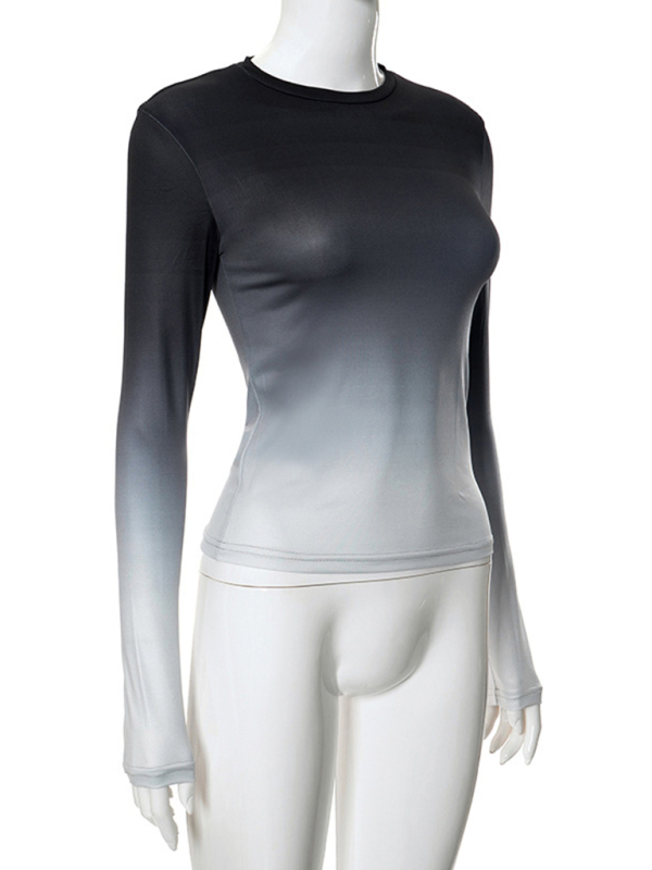 Digital printed gradient round neck long sleeve basic top-chiquechics