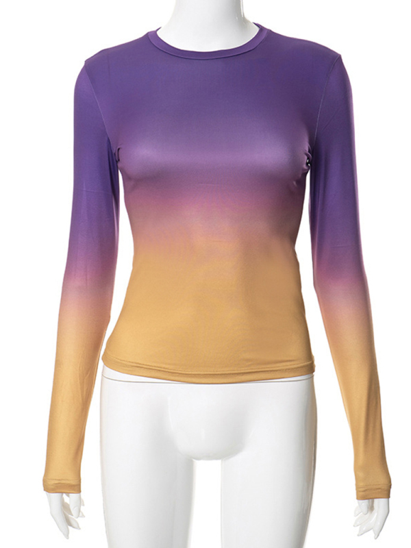 Digital printed gradient round neck long sleeve basic top-chiquechics