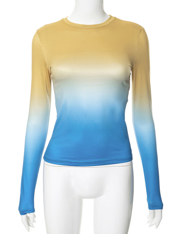Digital printed gradient round neck long sleeve basic top-chiquechics