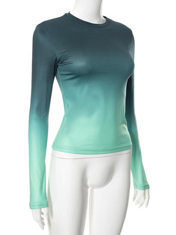Digital printed gradient round neck long sleeve basic top-chiquechics