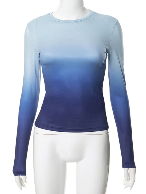 Digital printed gradient round neck long sleeve basic top-chiquechics