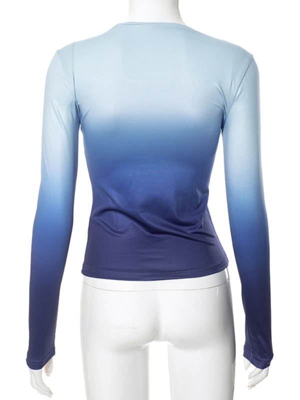 Digital printed gradient round neck long sleeve basic top-chiquechics