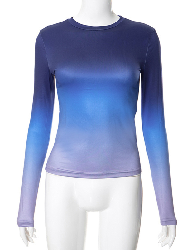 Digital printed gradient round neck long sleeve basic top-chiquechics