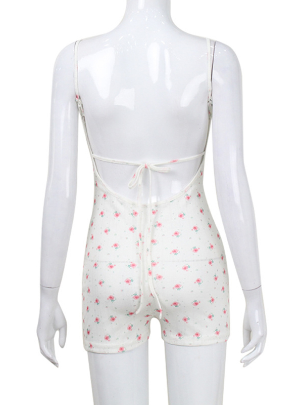Floral print backless strap fashion suspender bodysuit-chiquechics