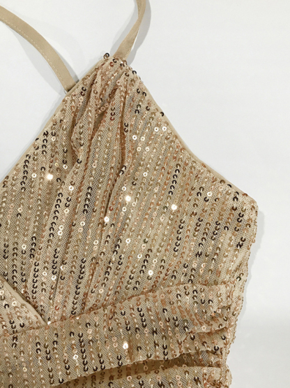 Sexy sequined shiny pleated cross strap dress-chiquechics