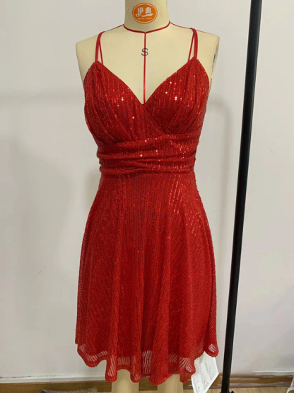 Sexy sequined shiny pleated cross strap dress-chiquechics